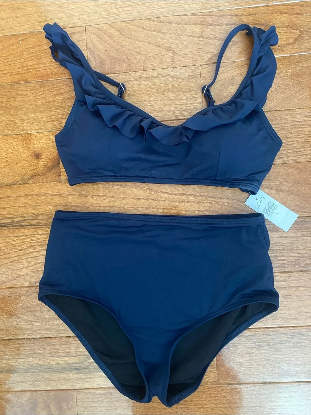 LOFT Beach NWT Navy Ruffle High Waist Bikini Set Size S Two Piece Swimwear - Picture 2 of 11